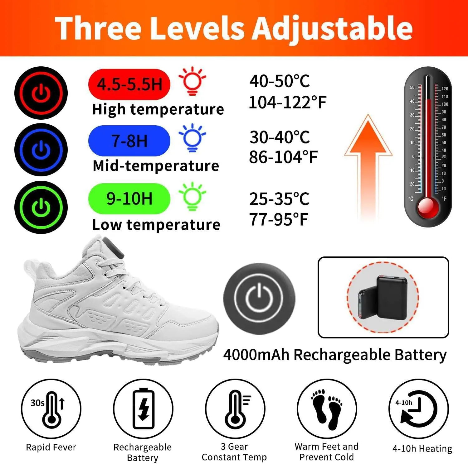Electric Foot Warmer Rechargeable Heated Sneakers - Fast Heating, Lightweight Snow Boots for Men and Women - Waterproof Outdoor Shoes
