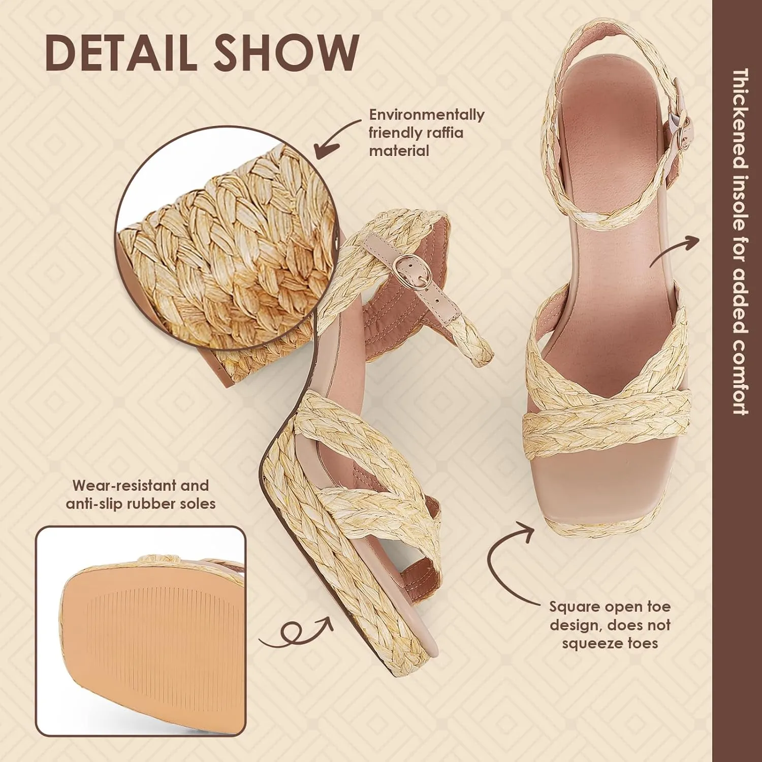 Eteridrey Women’s Espadrilles Platform Sandals Summer Chunky High Heel Sandals Open Toe Buckle Strap Party Dress Wedding Bridal Heels Bohemian Sandals