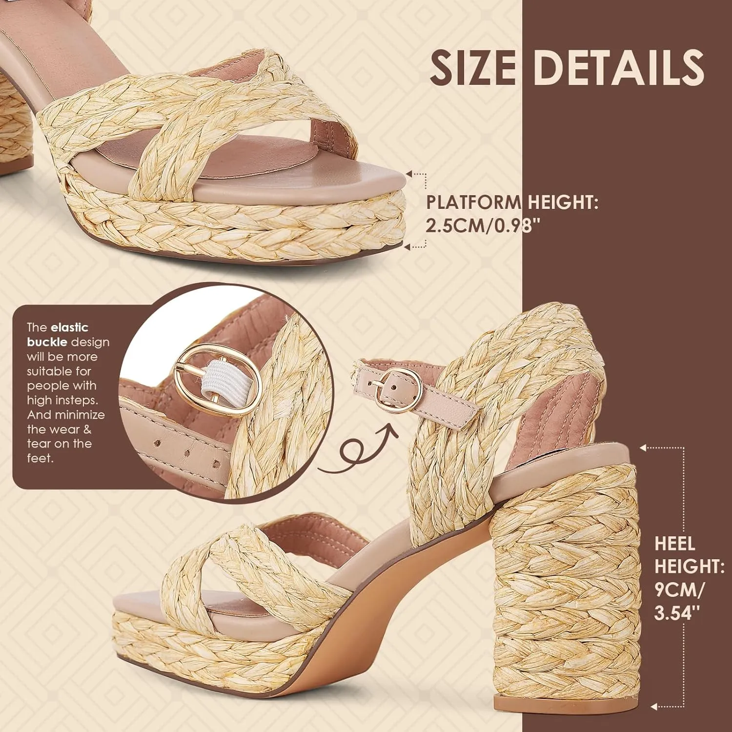 Eteridrey Women’s Espadrilles Platform Sandals Summer Chunky High Heel Sandals Open Toe Buckle Strap Party Dress Wedding Bridal Heels Bohemian Sandals