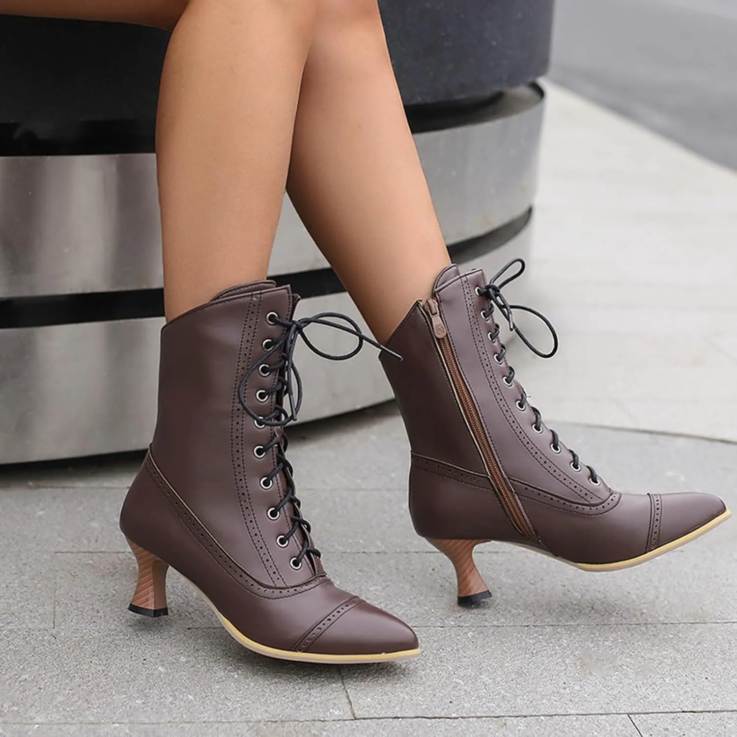 fabalshop Cowboy Fashion Kitten Heel Ankle Booties for Women Cowgirl Pointed Toe Low Chunky Heel Boots Lace up Side Zipper Brogue Boots