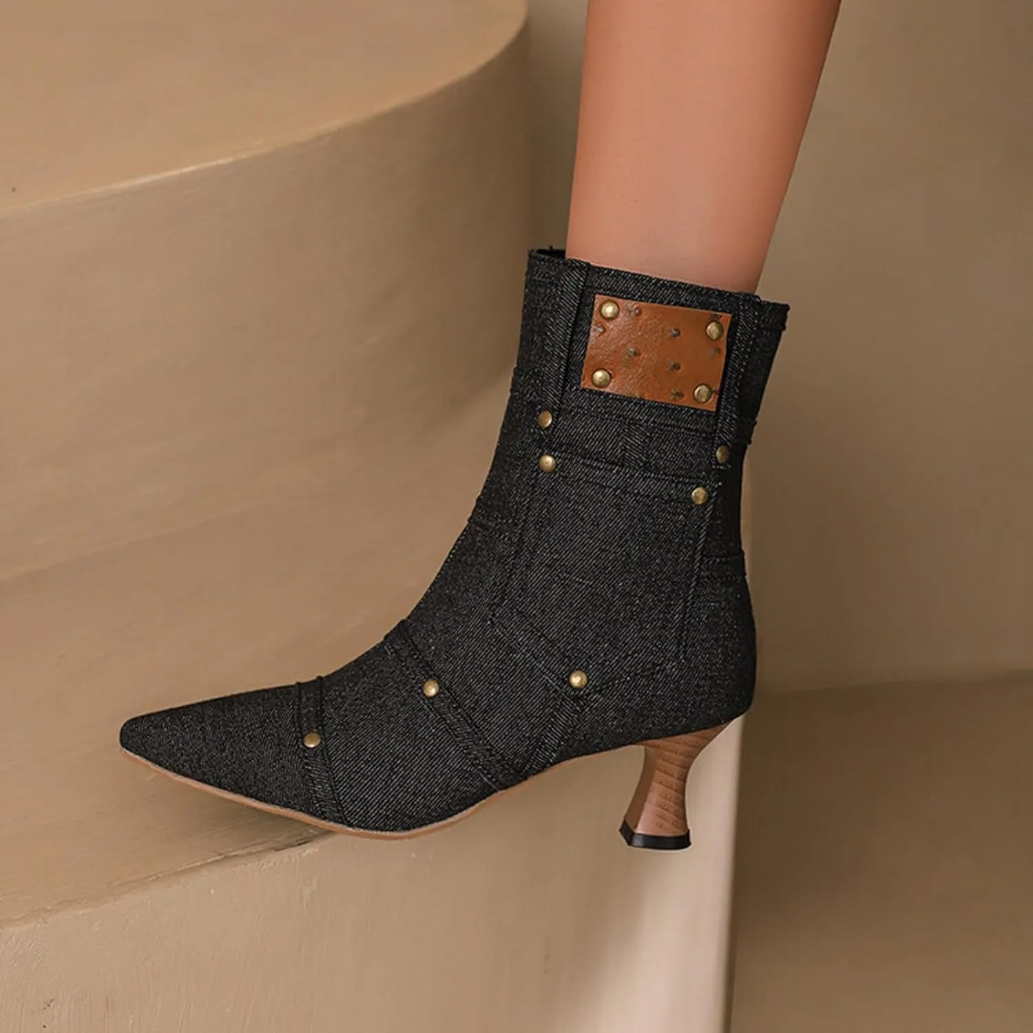 fabalshop Cowboy Fashion Kitten Heel Ankle Booties for Women Cowgirl Pointed Toe Low Chunky Heel Boots Lace up Side Zipper Brogue Boots