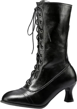 fabalshop Cowboy Fashion Kitten Heel Ankle Booties for Women Cowgirl Pointed Toe Low Chunky Heel Boots Lace up Side Zipper Brogue Boots