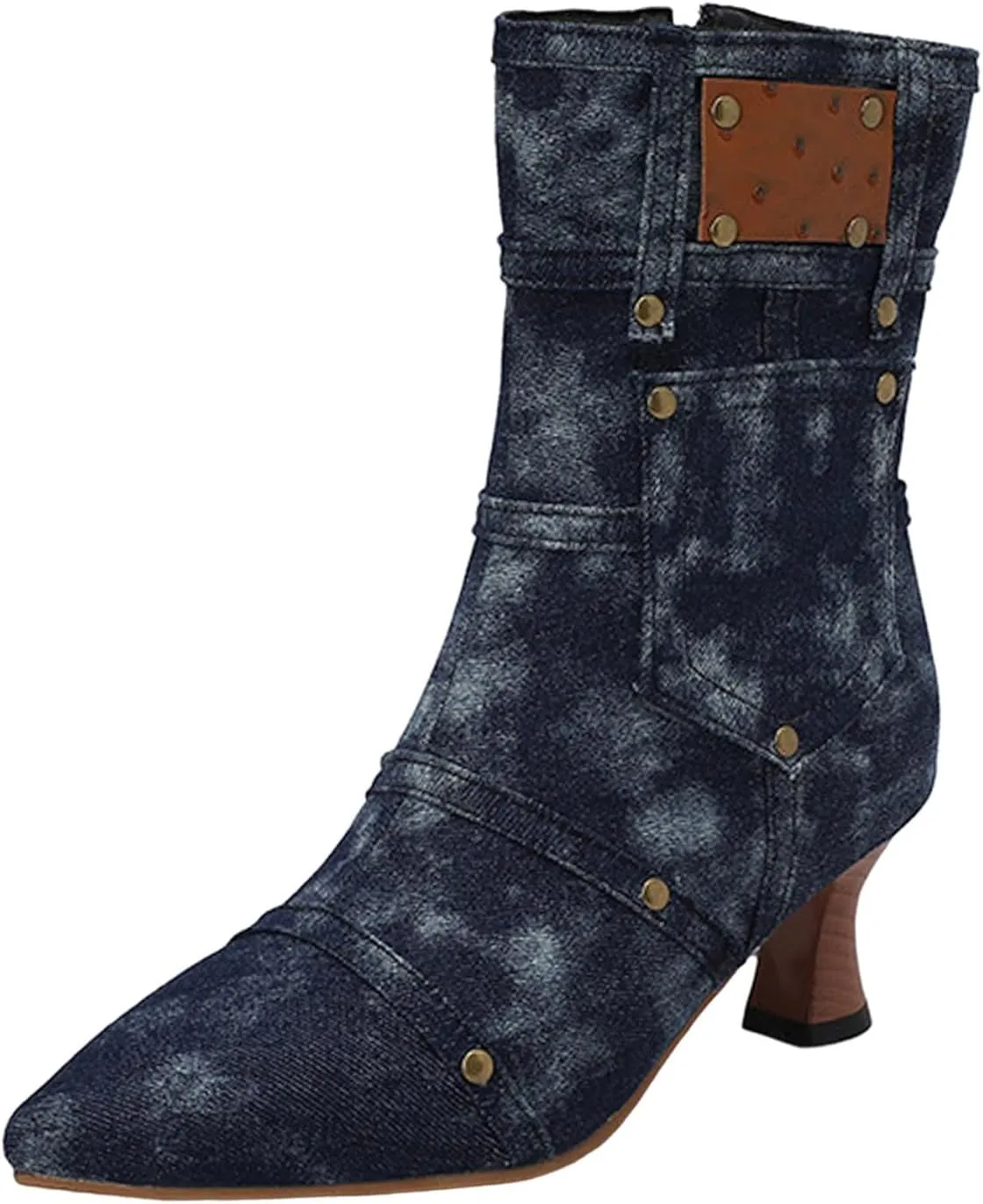 fabalshop Cowboy Fashion Kitten Heel Ankle Booties for Women Cowgirl Pointed Toe Low Chunky Heel Boots Lace up Side Zipper Brogue Boots