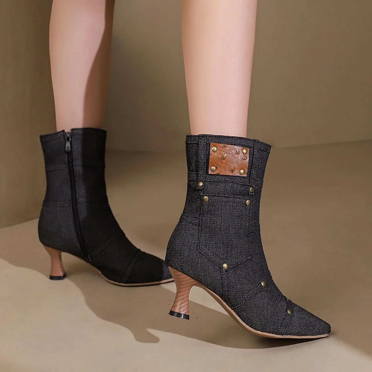 fabalshop Cowboy Fashion Kitten Heel Ankle Booties for Women Cowgirl Pointed Toe Low Chunky Heel Boots Lace up Side Zipper Brogue Boots