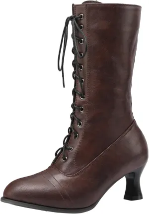 fabalshop Cowboy Fashion Kitten Heel Ankle Booties for Women Cowgirl Pointed Toe Low Chunky Heel Boots Lace up Side Zipper Brogue Boots