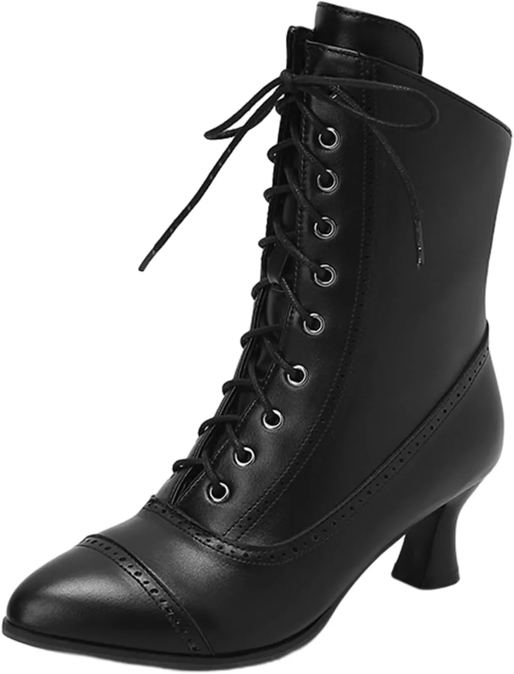 fabalshop Cowboy Fashion Kitten Heel Ankle Booties for Women Cowgirl Pointed Toe Low Chunky Heel Boots Lace up Side Zipper Brogue Boots