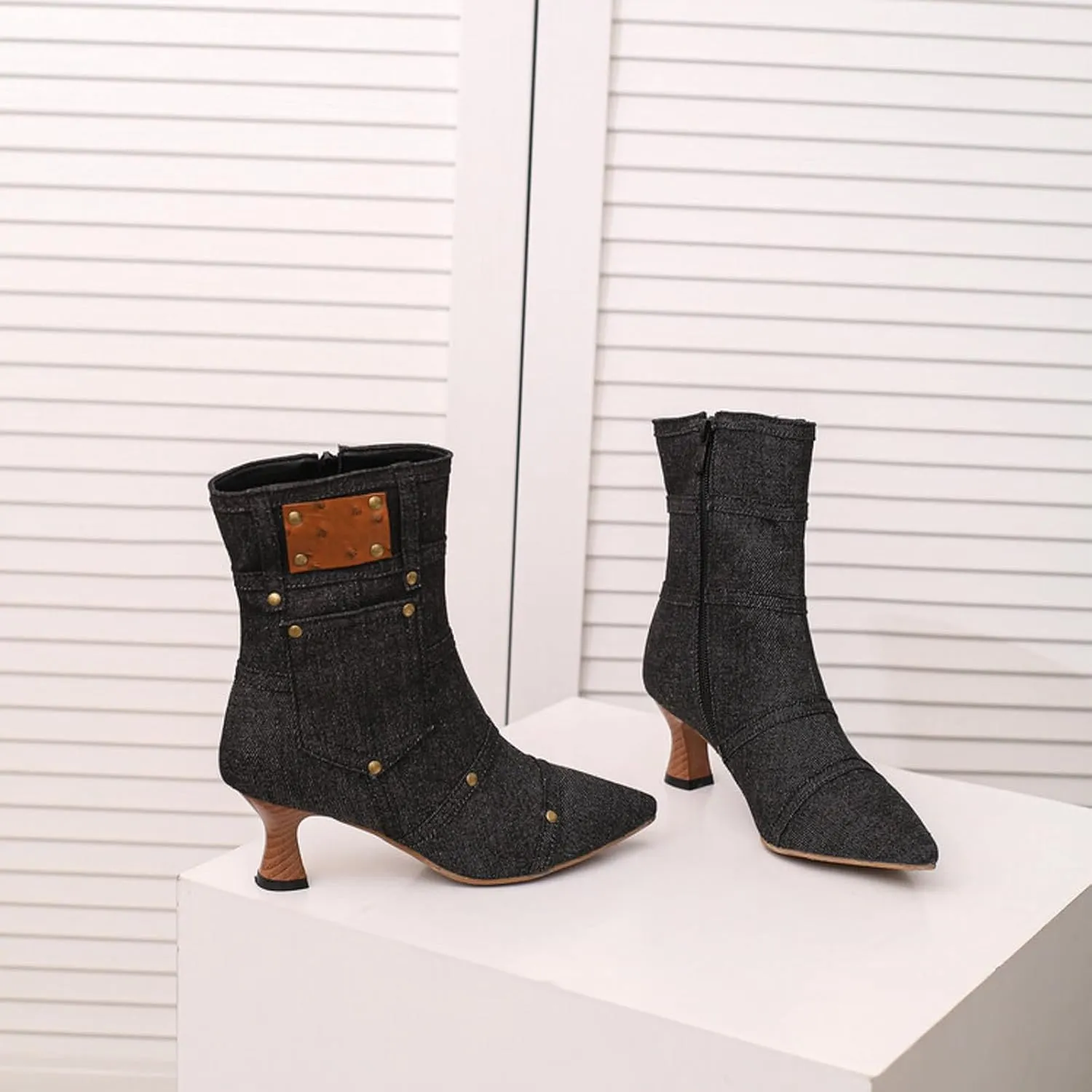 fabalshop Cowboy Fashion Kitten Heel Ankle Booties for Women Cowgirl Pointed Toe Low Chunky Heel Boots Lace up Side Zipper Brogue Boots