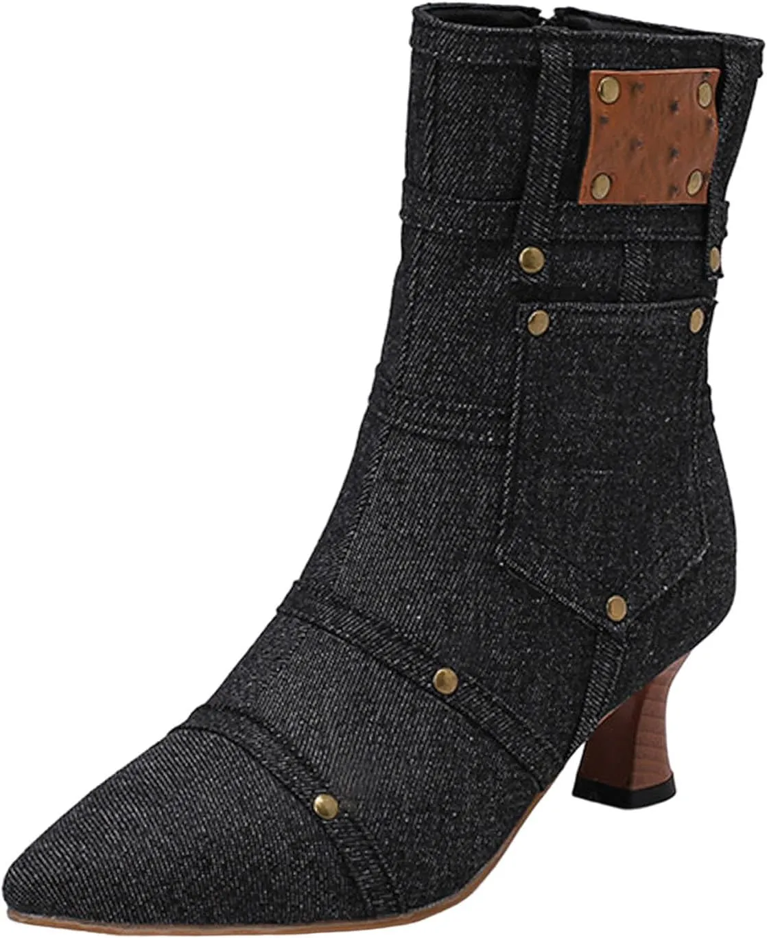 fabalshop Cowboy Fashion Kitten Heel Ankle Booties for Women Cowgirl Pointed Toe Low Chunky Heel Boots Lace up Side Zipper Brogue Boots