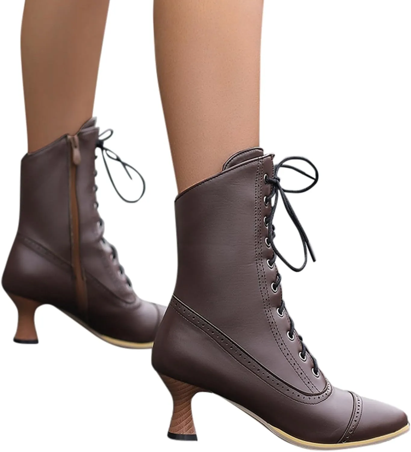 fabalshop Cowboy Fashion Kitten Heel Ankle Booties for Women Cowgirl Pointed Toe Low Chunky Heel Boots Lace up Side Zipper Brogue Boots