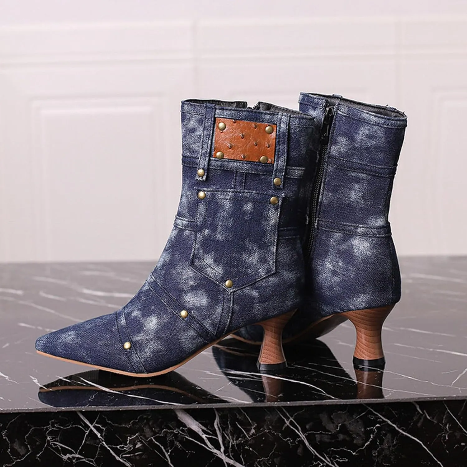 fabalshop Cowboy Fashion Kitten Heel Ankle Booties for Women Cowgirl Pointed Toe Low Chunky Heel Boots Lace up Side Zipper Brogue Boots