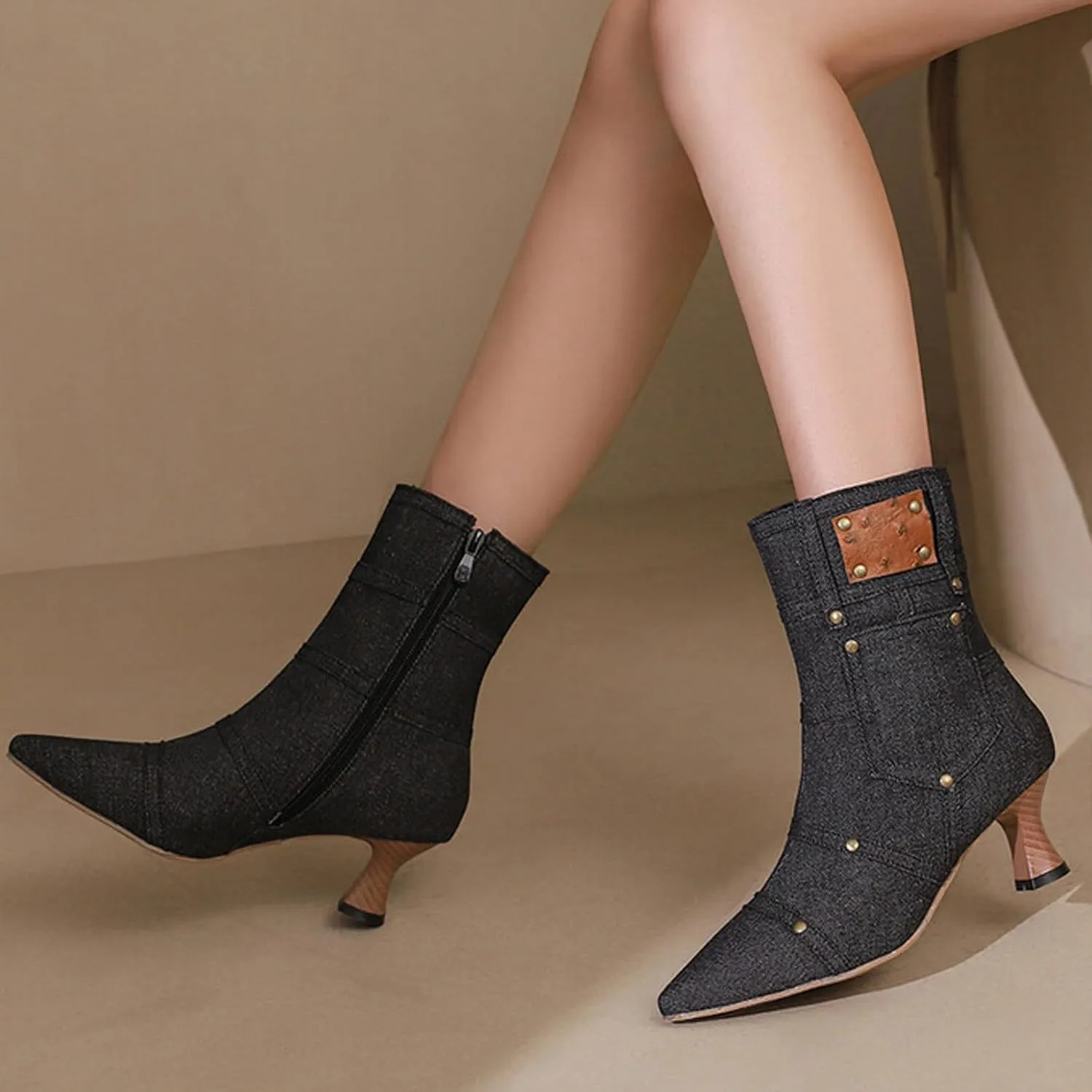 fabalshop Cowboy Fashion Kitten Heel Ankle Booties for Women Cowgirl Pointed Toe Low Chunky Heel Boots Lace up Side Zipper Brogue Boots