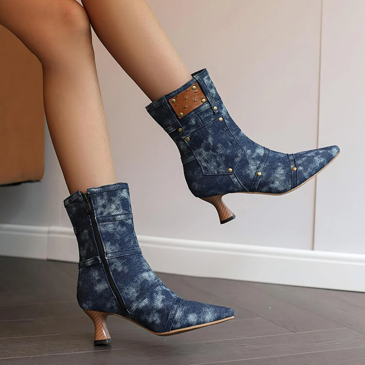 fabalshop Cowboy Fashion Kitten Heel Ankle Booties for Women Cowgirl Pointed Toe Low Chunky Heel Boots Lace up Side Zipper Brogue Boots