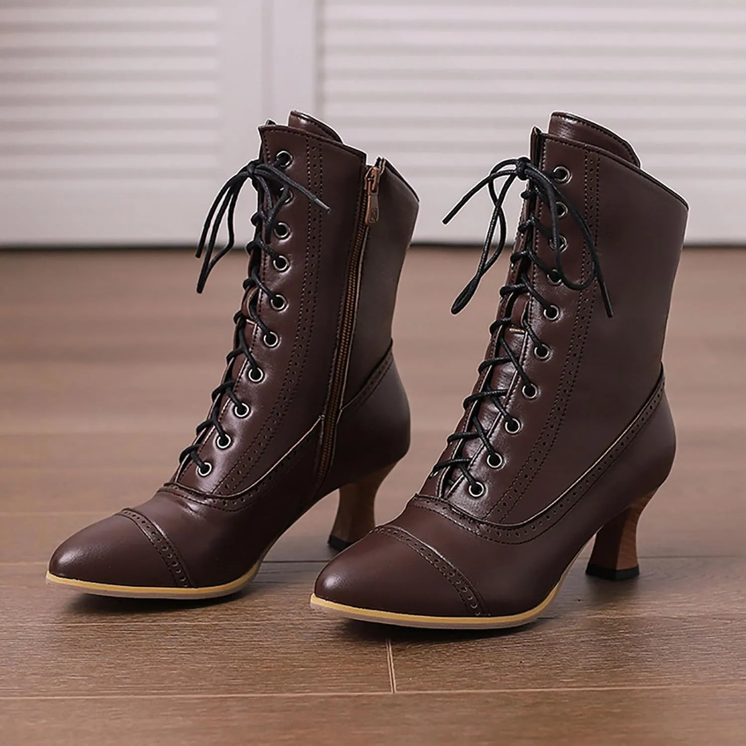 fabalshop Cowboy Fashion Kitten Heel Ankle Booties for Women Cowgirl Pointed Toe Low Chunky Heel Boots Lace up Side Zipper Brogue Boots