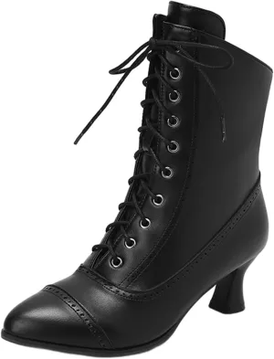 fabalshop Cowboy Fashion Kitten Heel Ankle Booties for Women Cowgirl Pointed Toe Low Chunky Heel Boots Lace up Side Zipper Brogue Boots