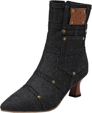 fabalshop Cowboy Fashion Kitten Heel Ankle Booties for Women Cowgirl Pointed Toe Low Chunky Heel Boots Lace up Side Zipper Brogue Boots