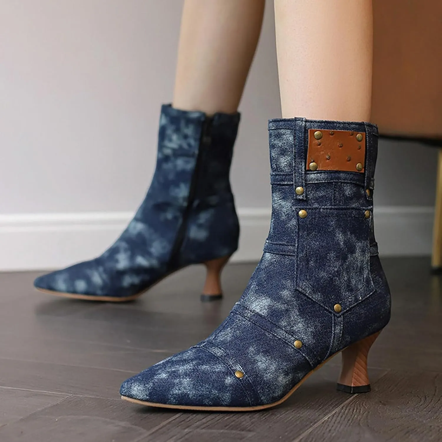 fabalshop Cowboy Fashion Kitten Heel Ankle Booties for Women Cowgirl Pointed Toe Low Chunky Heel Boots Lace up Side Zipper Brogue Boots
