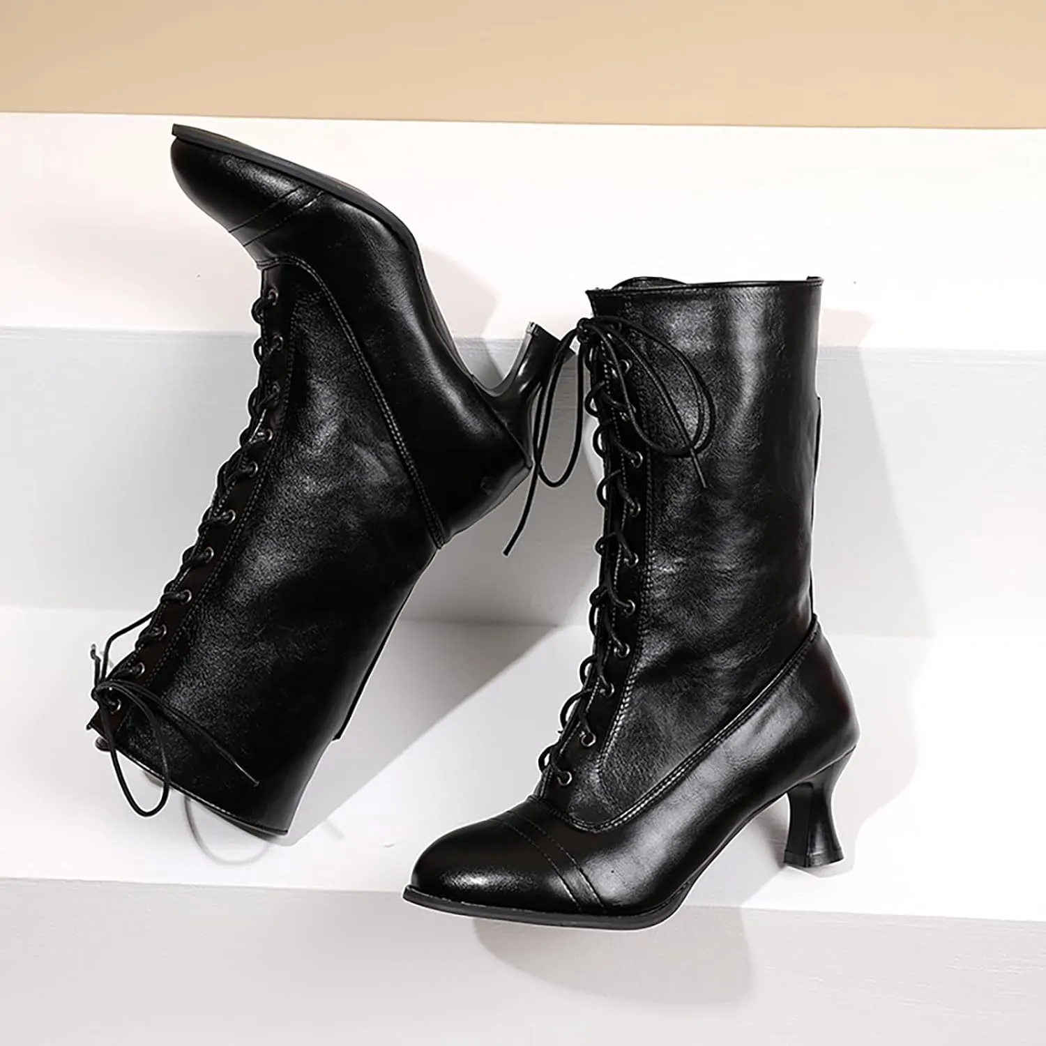 fabalshop Cowboy Fashion Kitten Heel Ankle Booties for Women Cowgirl Pointed Toe Low Chunky Heel Boots Lace up Side Zipper Brogue Boots