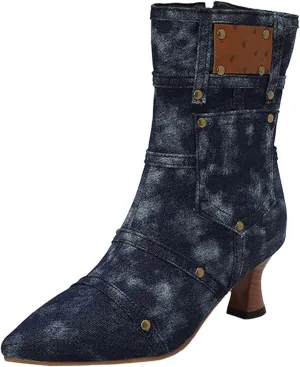 fabalshop Cowboy Fashion Kitten Heel Ankle Booties for Women Cowgirl Pointed Toe Low Chunky Heel Boots Lace up Side Zipper Brogue Boots
