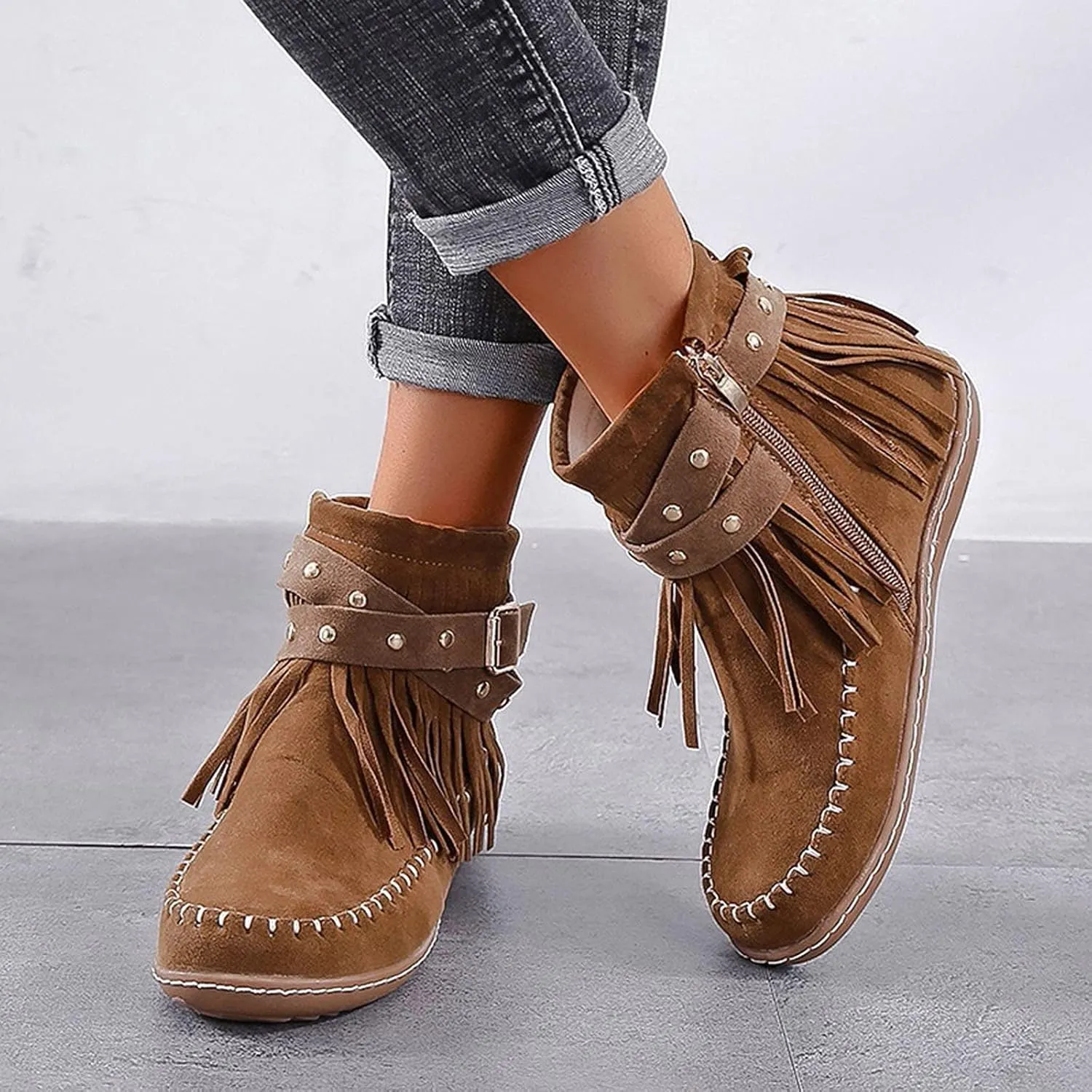 fabalshop Women's Western Cowboy Boots, Fringe Faux Suede Boots Retro Round Toe Fringe Buckle Strap Ankle Boot Low Heel Rome Flat Shoes Tassel Knight Booties Shoes