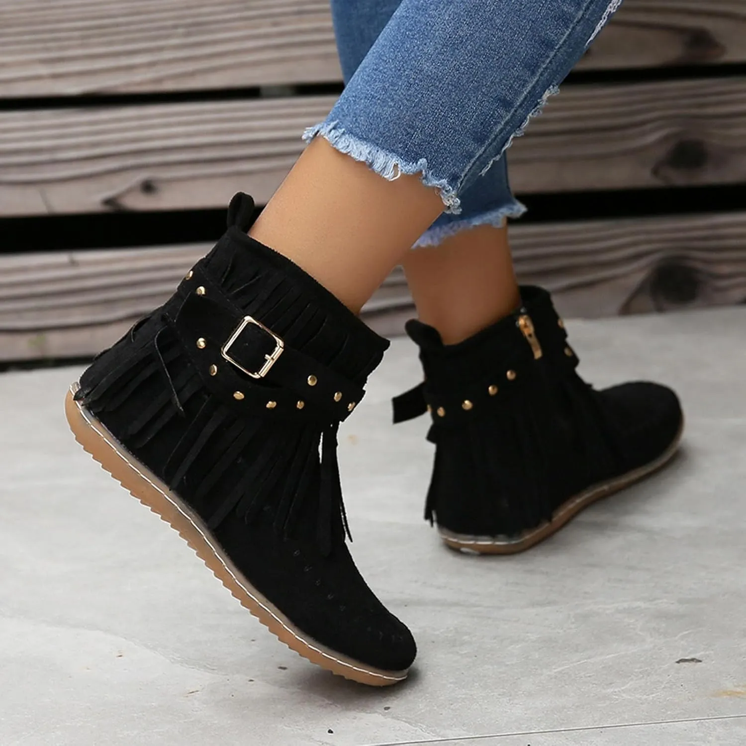 fabalshop Women's Western Cowboy Boots, Fringe Faux Suede Boots Retro Round Toe Fringe Buckle Strap Ankle Boot Low Heel Rome Flat Shoes Tassel Knight Booties Shoes