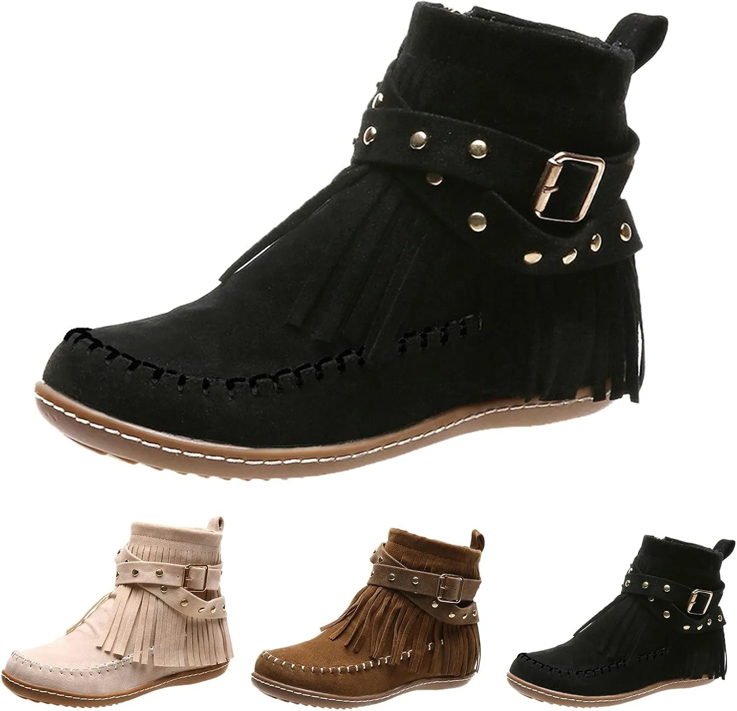 fabalshop Women's Western Cowboy Boots, Fringe Faux Suede Boots Retro Round Toe Fringe Buckle Strap Ankle Boot Low Heel Rome Flat Shoes Tassel Knight Booties Shoes