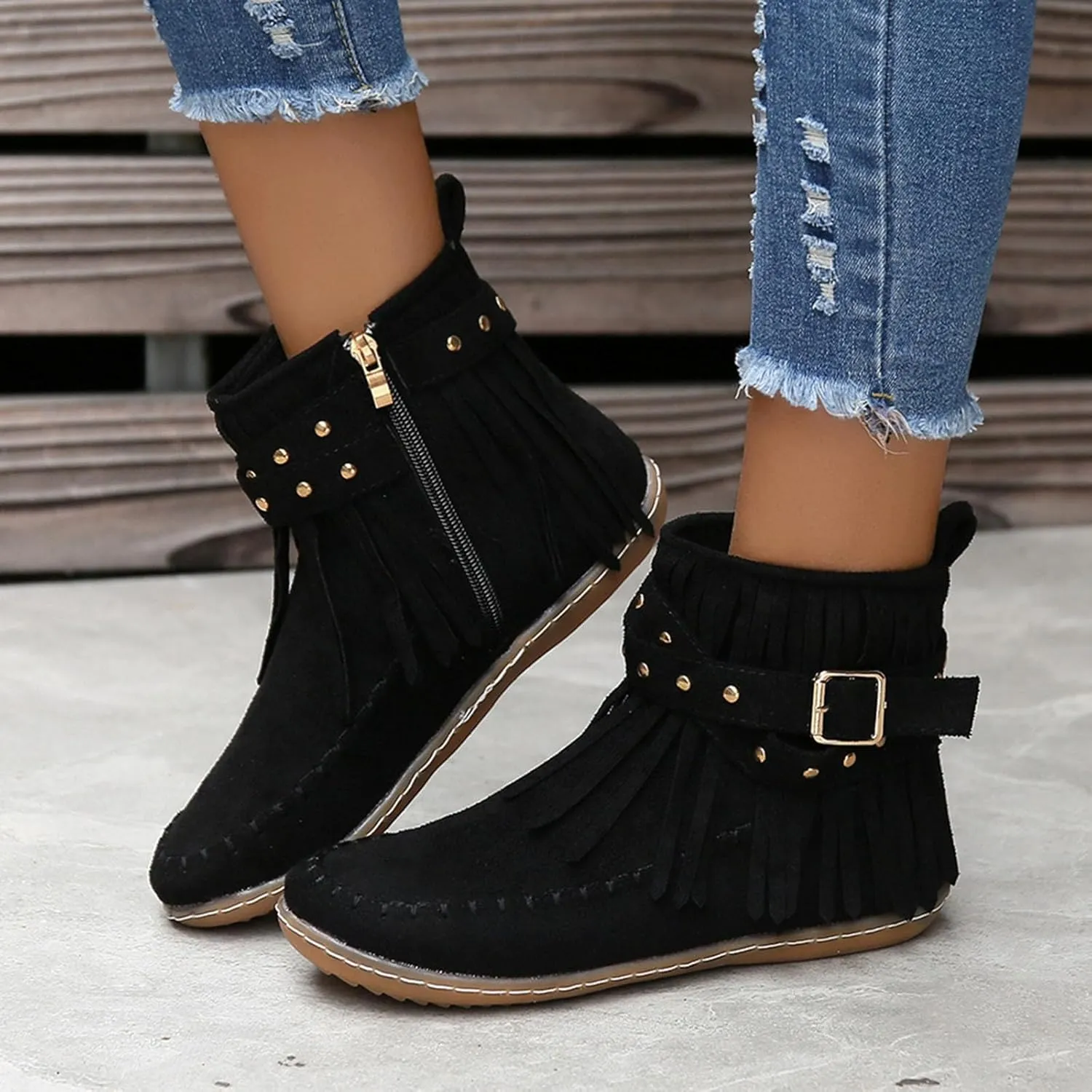 fabalshop Women's Western Cowboy Boots, Fringe Faux Suede Boots Retro Round Toe Fringe Buckle Strap Ankle Boot Low Heel Rome Flat Shoes Tassel Knight Booties Shoes
