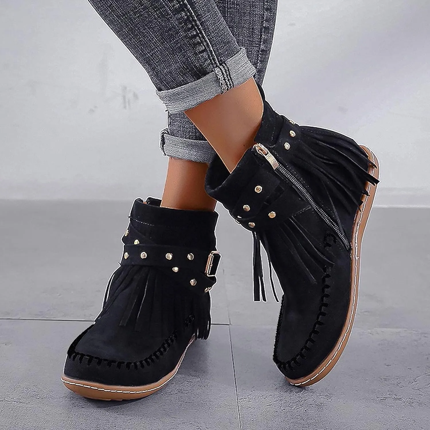 fabalshop Women's Western Cowboy Boots, Fringe Faux Suede Boots Retro Round Toe Fringe Buckle Strap Ankle Boot Low Heel Rome Flat Shoes Tassel Knight Booties Shoes