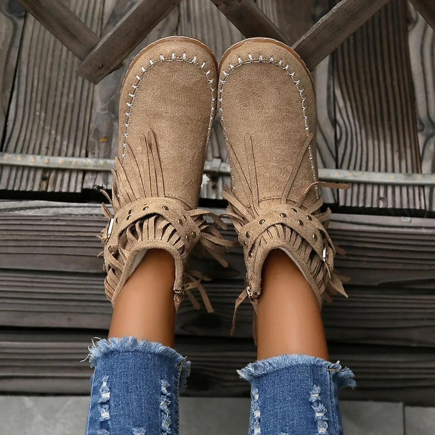 fabalshop Women's Western Cowboy Boots, Fringe Faux Suede Boots Retro Round Toe Fringe Buckle Strap Ankle Boot Low Heel Rome Flat Shoes Tassel Knight Booties Shoes