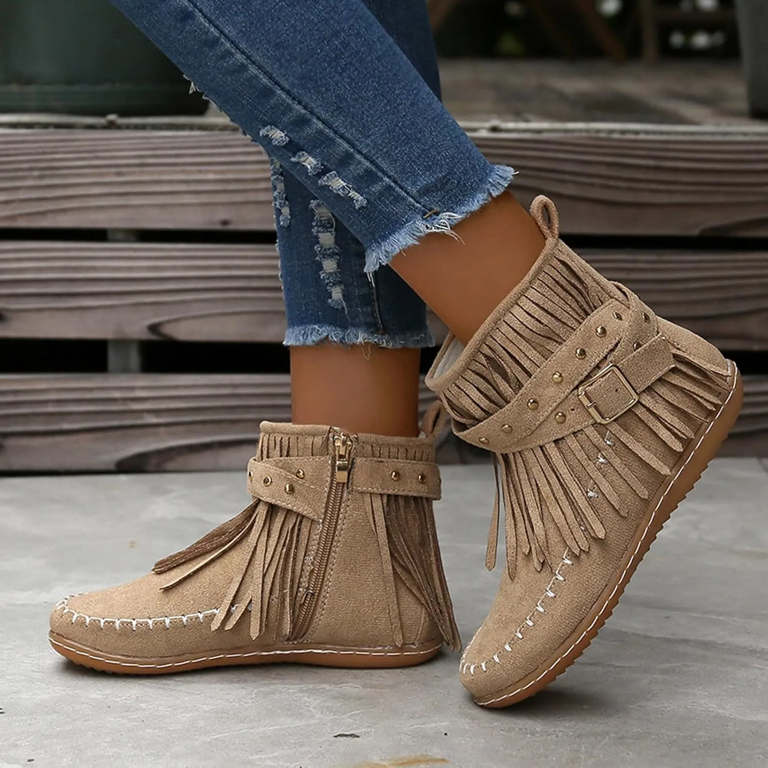 fabalshop Women's Western Cowboy Boots, Fringe Faux Suede Boots Retro Round Toe Fringe Buckle Strap Ankle Boot Low Heel Rome Flat Shoes Tassel Knight Booties Shoes