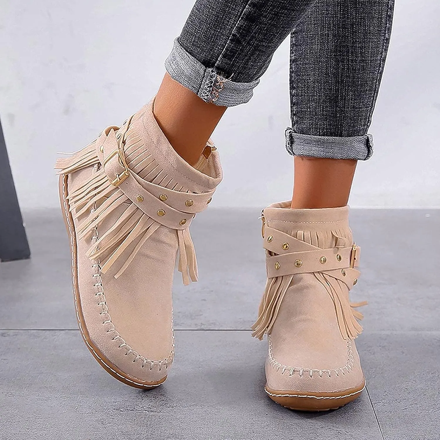 fabalshop Women's Western Cowboy Boots, Fringe Faux Suede Boots Retro Round Toe Fringe Buckle Strap Ankle Boot Low Heel Rome Flat Shoes Tassel Knight Booties Shoes