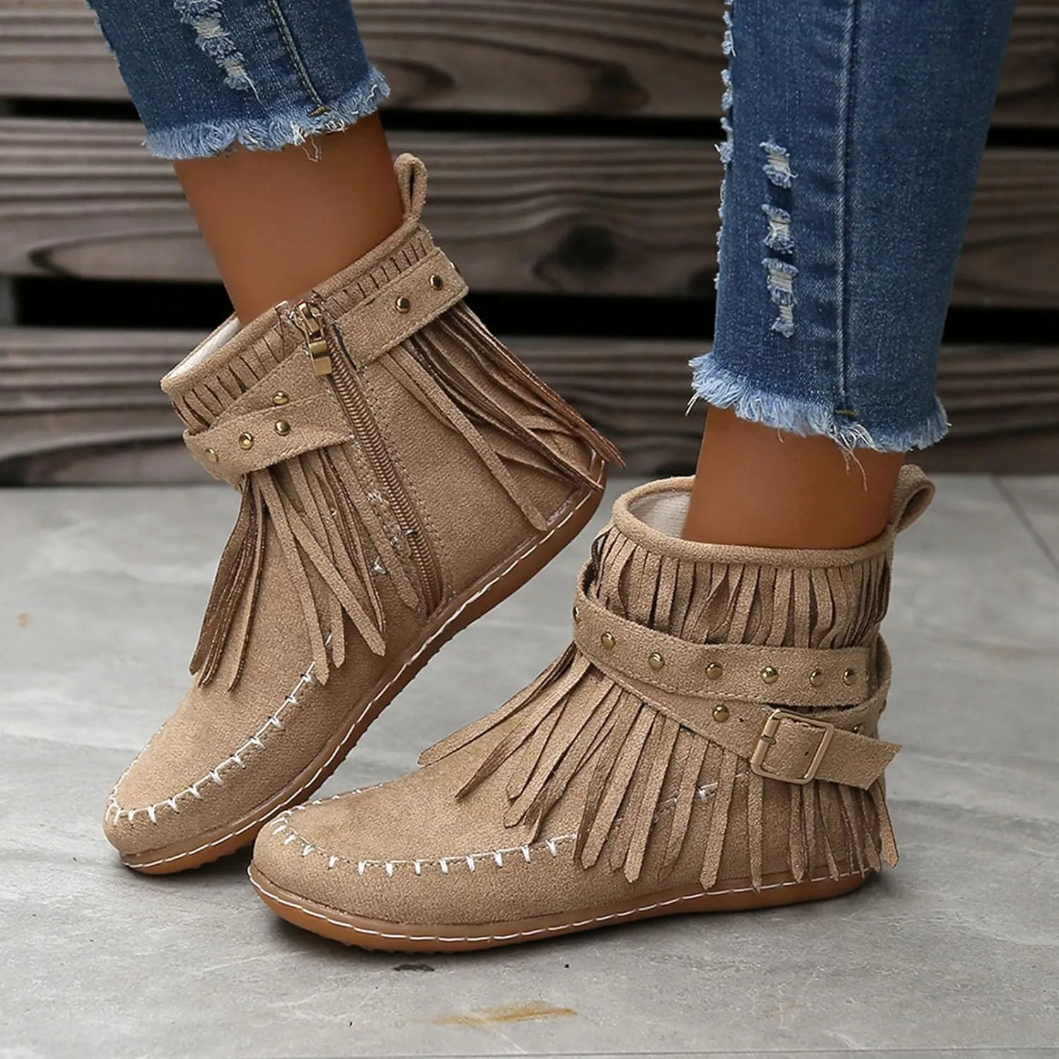 fabalshop Women's Western Cowboy Boots, Fringe Faux Suede Boots Retro Round Toe Fringe Buckle Strap Ankle Boot Low Heel Rome Flat Shoes Tassel Knight Booties Shoes