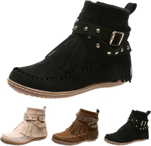 fabalshop Women's Western Cowboy Boots, Fringe Faux Suede Boots Retro Round Toe Fringe Buckle Strap Ankle Boot Low Heel Rome Flat Shoes Tassel Knight Booties Shoes