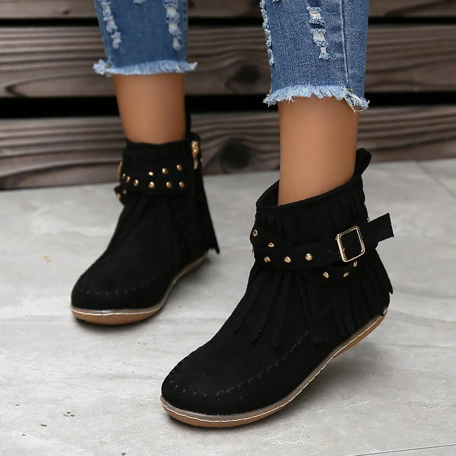 fabalshop Women's Western Cowboy Boots, Fringe Faux Suede Boots Retro Round Toe Fringe Buckle Strap Ankle Boot Low Heel Rome Flat Shoes Tassel Knight Booties Shoes