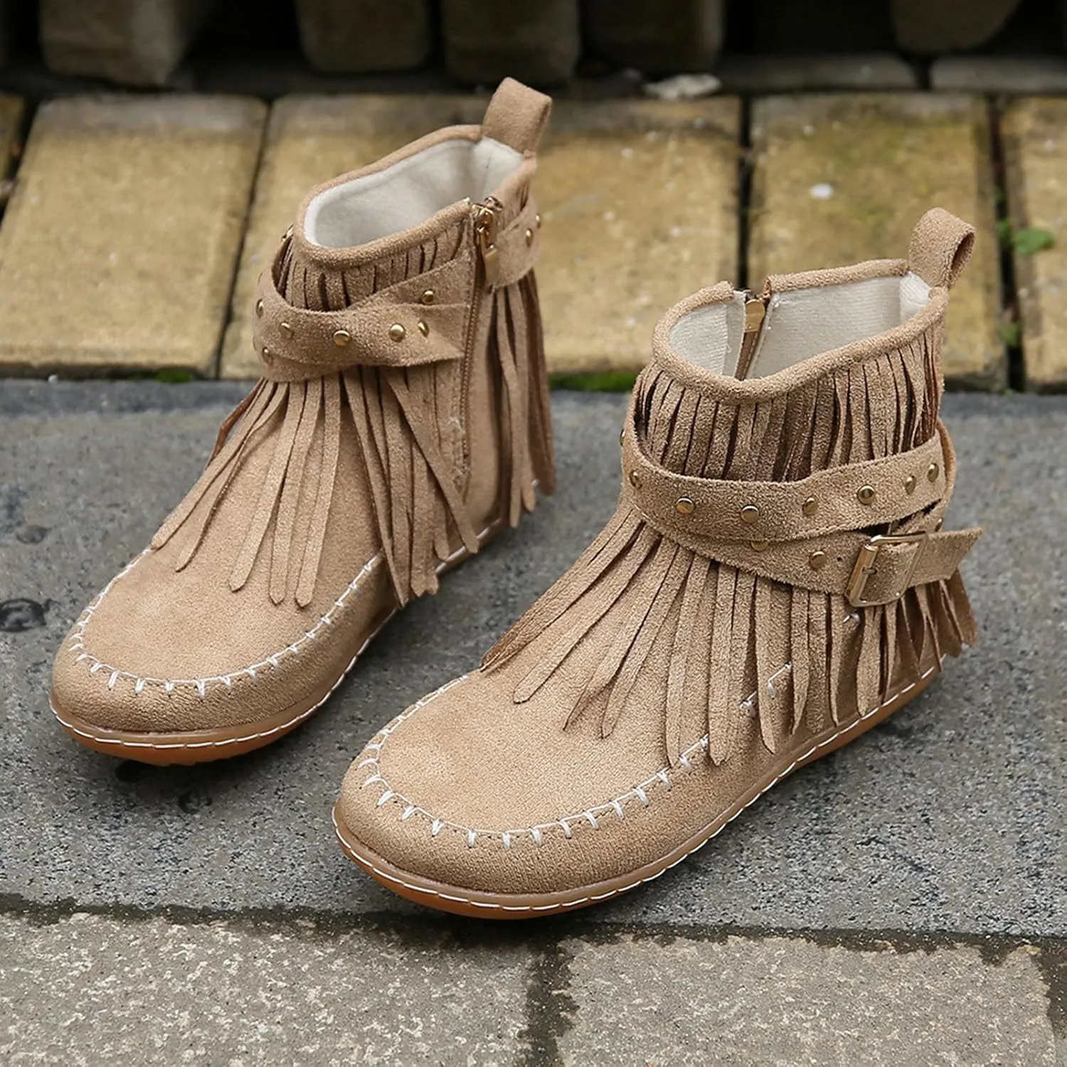 fabalshop Women's Western Cowboy Boots, Fringe Faux Suede Boots Retro Round Toe Fringe Buckle Strap Ankle Boot Low Heel Rome Flat Shoes Tassel Knight Booties Shoes