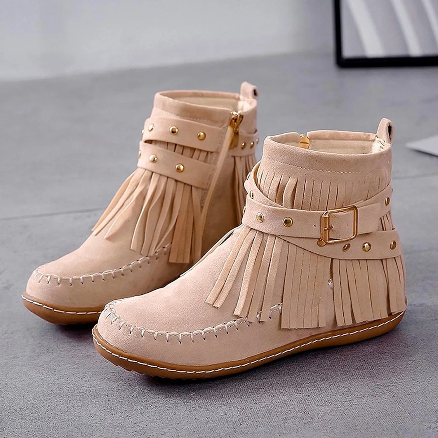 fabalshop Women's Western Cowboy Boots, Fringe Faux Suede Boots Retro Round Toe Fringe Buckle Strap Ankle Boot Low Heel Rome Flat Shoes Tassel Knight Booties Shoes