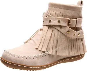 fabalshop Women's Western Cowboy Boots, Fringe Faux Suede Boots Retro Round Toe Fringe Buckle Strap Ankle Boot Low Heel Rome Flat Shoes Tassel Knight Booties Shoes