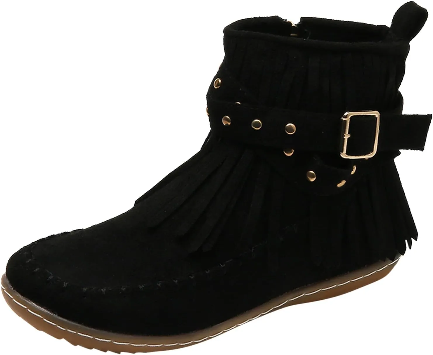 fabalshop Women's Western Cowboy Boots, Fringe Faux Suede Boots Retro Round Toe Fringe Buckle Strap Ankle Boot Low Heel Rome Flat Shoes Tassel Knight Booties Shoes