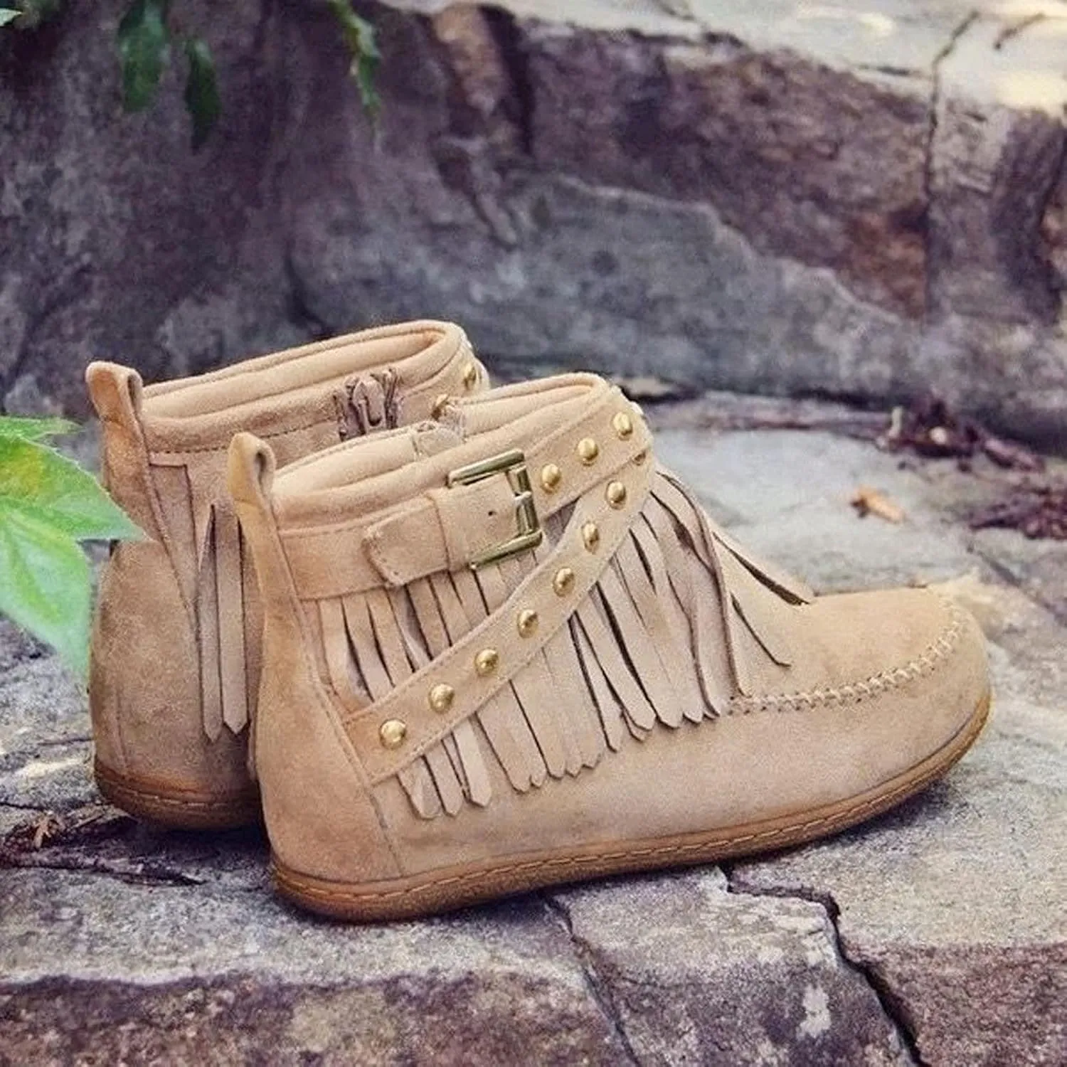 fabalshop Women's Western Cowboy Boots, Fringe Faux Suede Boots Retro Round Toe Fringe Buckle Strap Ankle Boot Low Heel Rome Flat Shoes Tassel Knight Booties Shoes