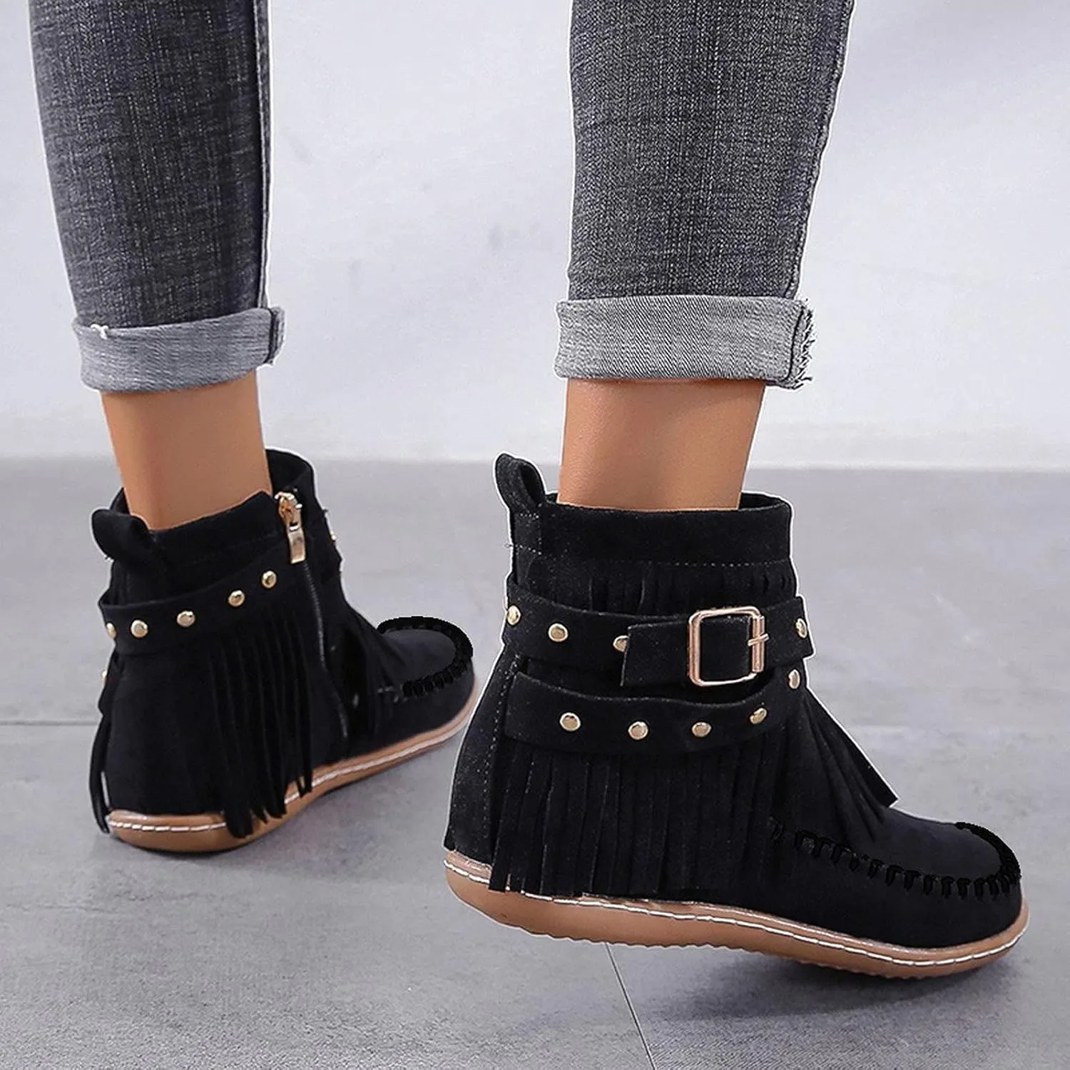 fabalshop Women's Western Cowboy Boots, Fringe Faux Suede Boots Retro Round Toe Fringe Buckle Strap Ankle Boot Low Heel Rome Flat Shoes Tassel Knight Booties Shoes