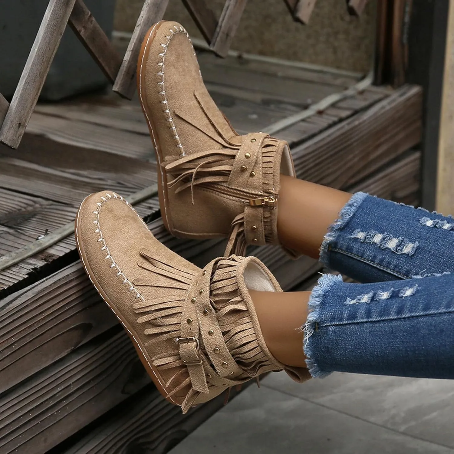 fabalshop Women's Western Cowboy Boots, Fringe Faux Suede Boots Retro Round Toe Fringe Buckle Strap Ankle Boot Low Heel Rome Flat Shoes Tassel Knight Booties Shoes