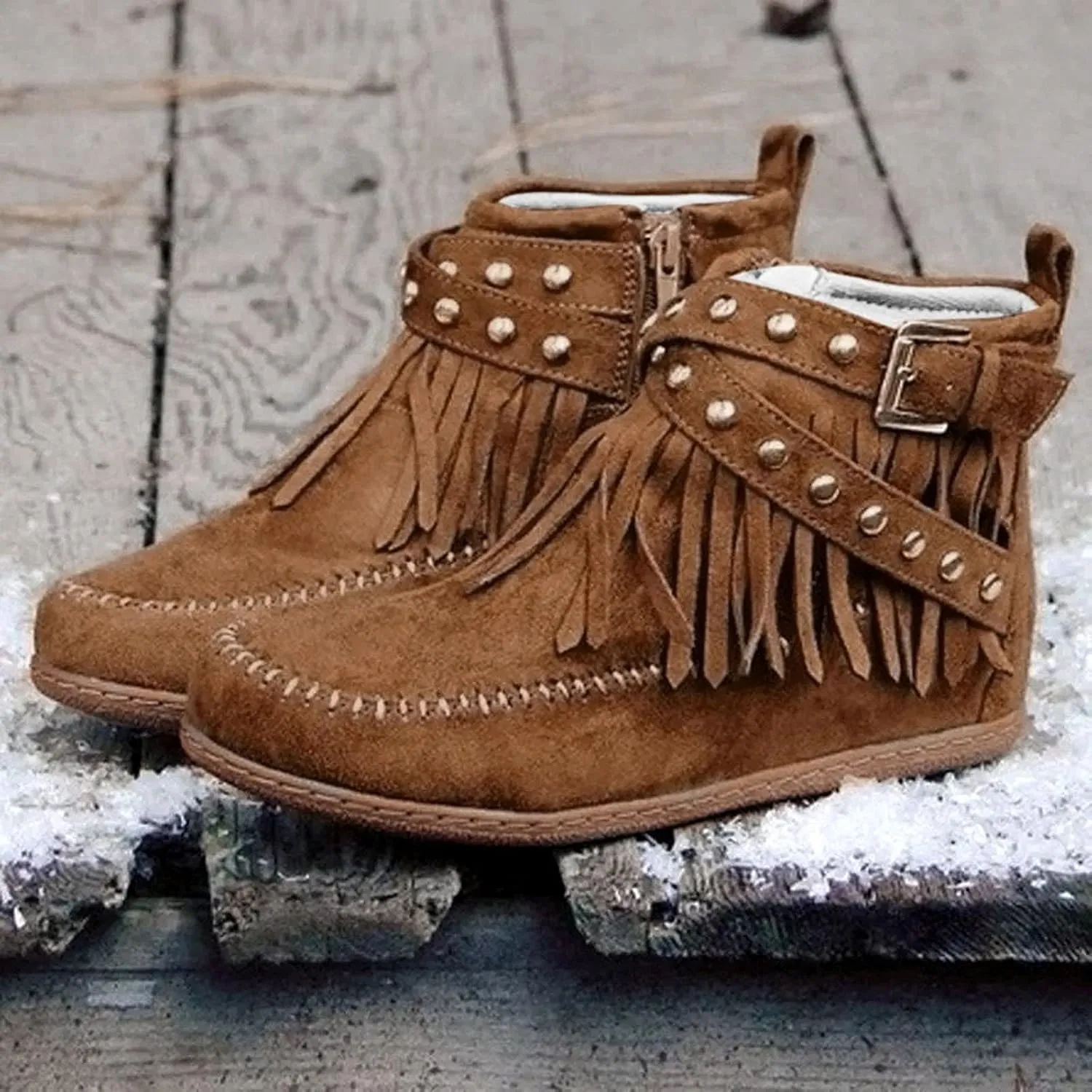 fabalshop Women's Western Cowboy Boots, Fringe Faux Suede Boots Retro Round Toe Fringe Buckle Strap Ankle Boot Low Heel Rome Flat Shoes Tassel Knight Booties Shoes