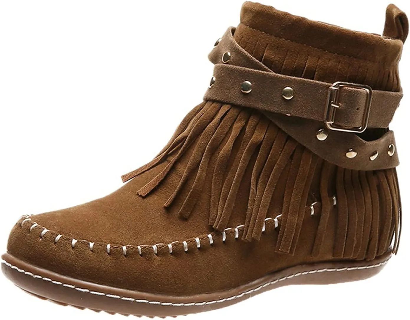 fabalshop Women's Western Cowboy Boots, Fringe Faux Suede Boots Retro Round Toe Fringe Buckle Strap Ankle Boot Low Heel Rome Flat Shoes Tassel Knight Booties Shoes