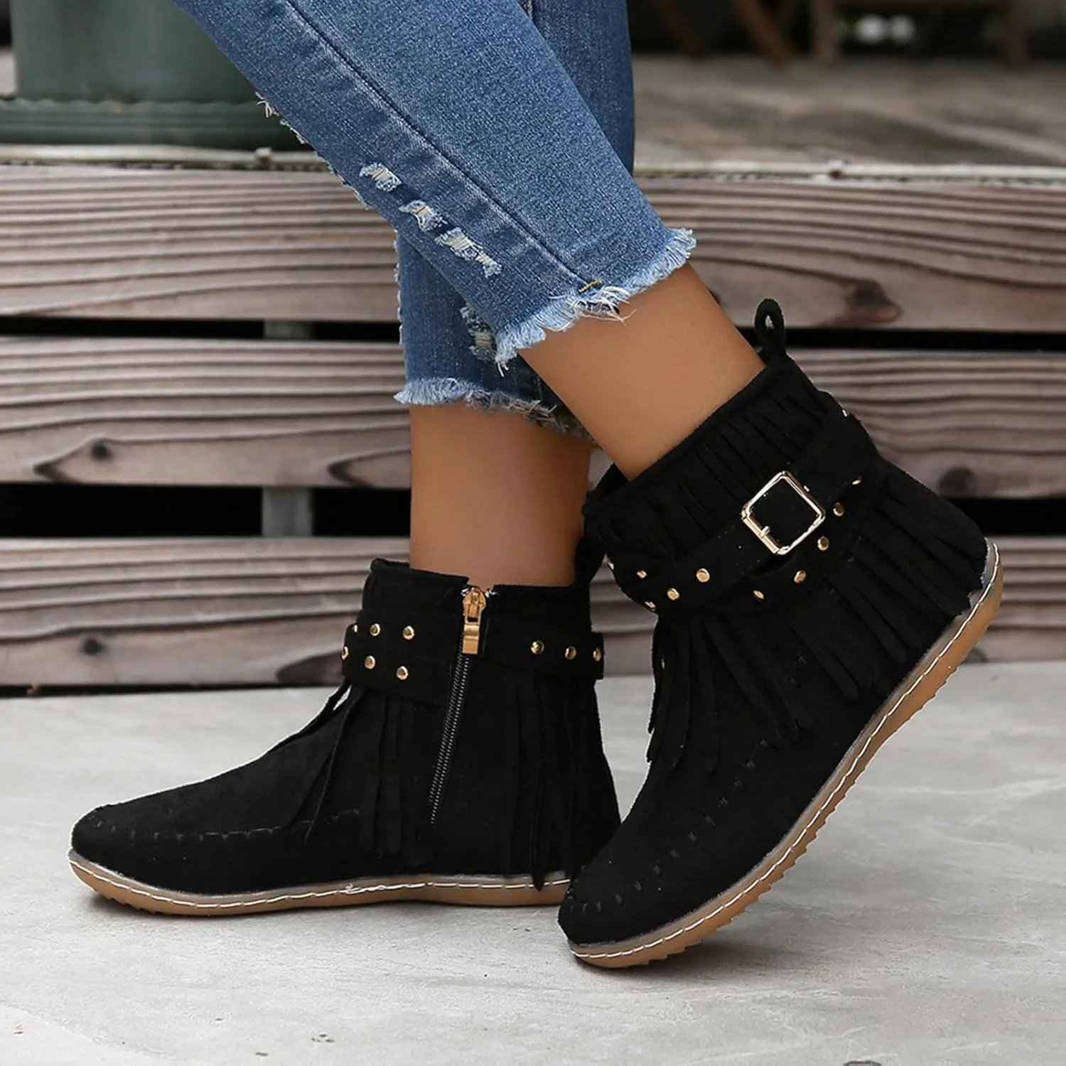 fabalshop Women's Western Cowboy Boots, Fringe Faux Suede Boots Retro Round Toe Fringe Buckle Strap Ankle Boot Low Heel Rome Flat Shoes Tassel Knight Booties Shoes