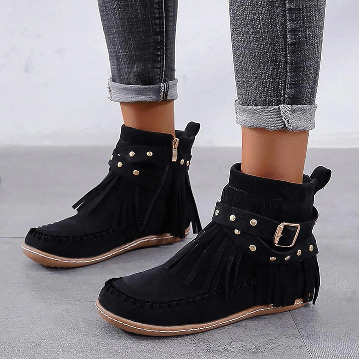 fabalshop Women's Western Cowboy Boots, Fringe Faux Suede Boots Retro Round Toe Fringe Buckle Strap Ankle Boot Low Heel Rome Flat Shoes Tassel Knight Booties Shoes
