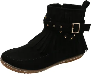 fabalshop Women's Western Cowboy Boots, Fringe Faux Suede Boots Retro Round Toe Fringe Buckle Strap Ankle Boot Low Heel Rome Flat Shoes Tassel Knight Booties Shoes