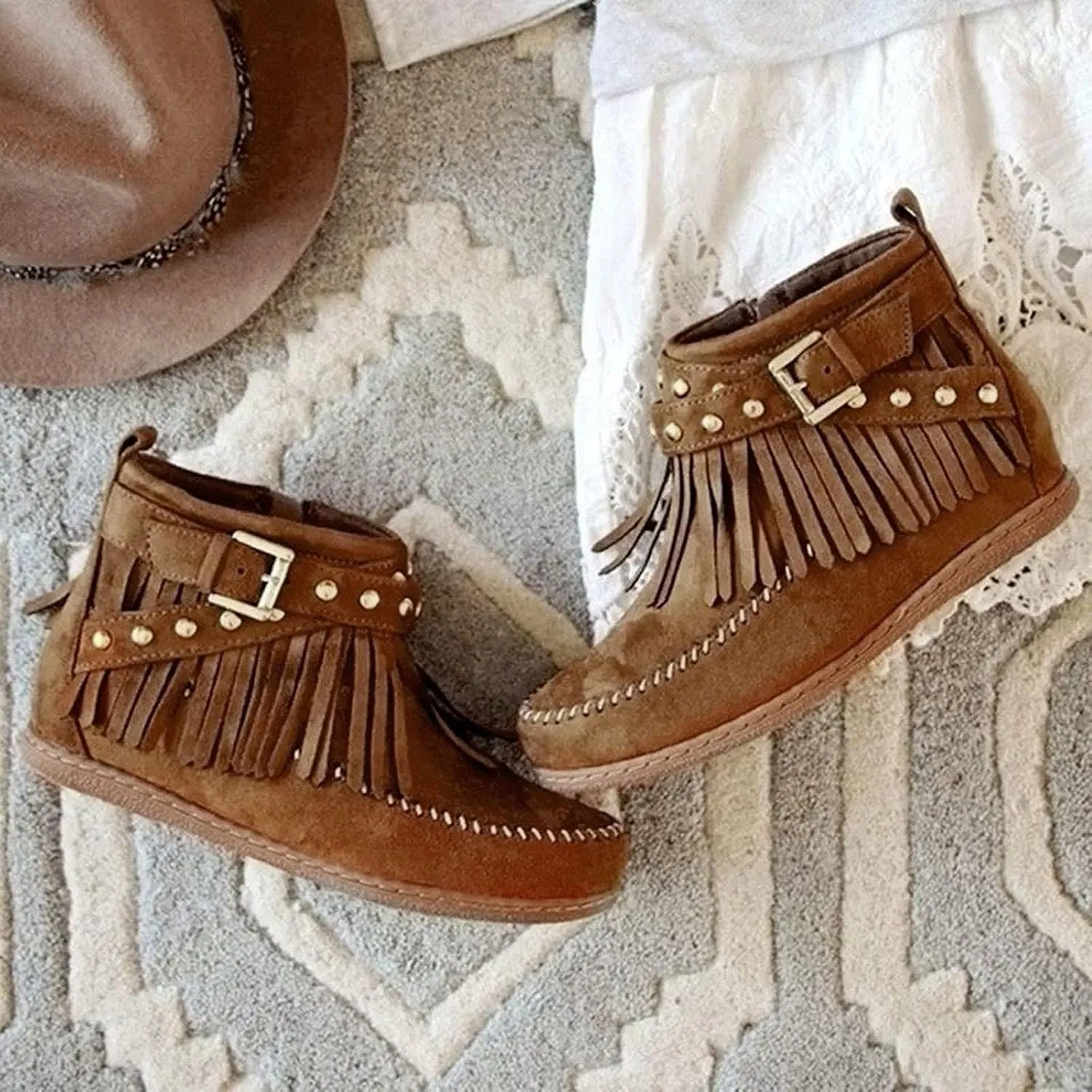 fabalshop Women's Western Cowboy Boots, Fringe Faux Suede Boots Retro Round Toe Fringe Buckle Strap Ankle Boot Low Heel Rome Flat Shoes Tassel Knight Booties Shoes