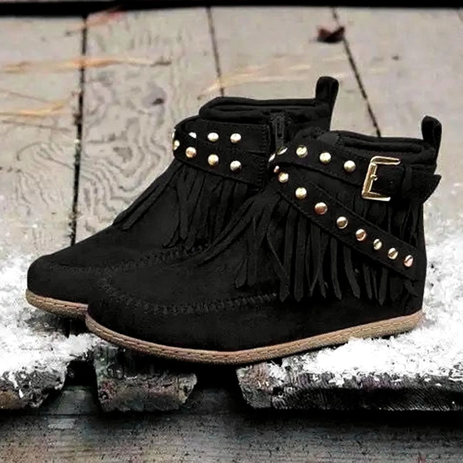fabalshop Women's Western Cowboy Boots, Fringe Faux Suede Boots Retro Round Toe Fringe Buckle Strap Ankle Boot Low Heel Rome Flat Shoes Tassel Knight Booties Shoes