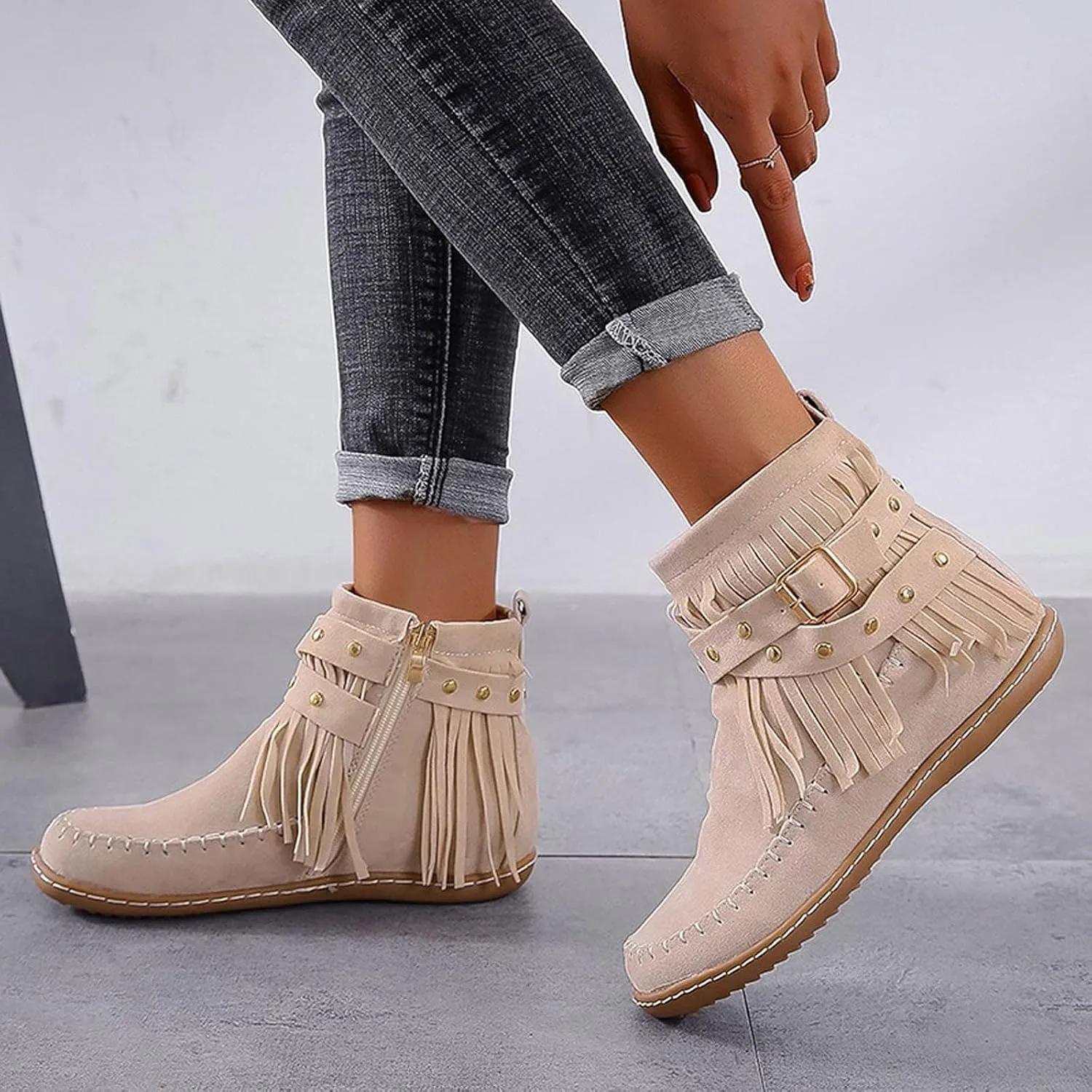 fabalshop Women's Western Cowboy Boots, Fringe Faux Suede Boots Retro Round Toe Fringe Buckle Strap Ankle Boot Low Heel Rome Flat Shoes Tassel Knight Booties Shoes