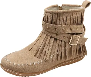 fabalshop Women's Western Cowboy Boots, Fringe Faux Suede Boots Retro Round Toe Fringe Buckle Strap Ankle Boot Low Heel Rome Flat Shoes Tassel Knight Booties Shoes