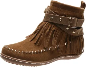 fabalshop Women's Western Cowboy Boots, Fringe Faux Suede Boots Retro Round Toe Fringe Buckle Strap Ankle Boot Low Heel Rome Flat Shoes Tassel Knight Booties Shoes